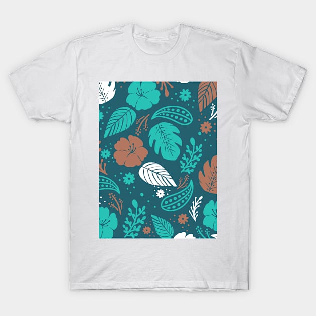 Foliage & Hibiscus Pattern - Navy T-Shirt by tanyadraws